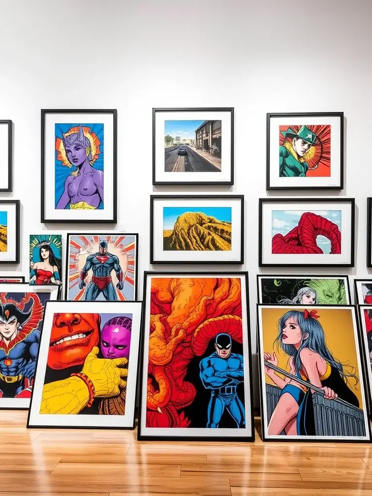 A selection of fine art prints on archival paper, displayed in a gallery setting, highlighting the texture and color accuracy of the prints.