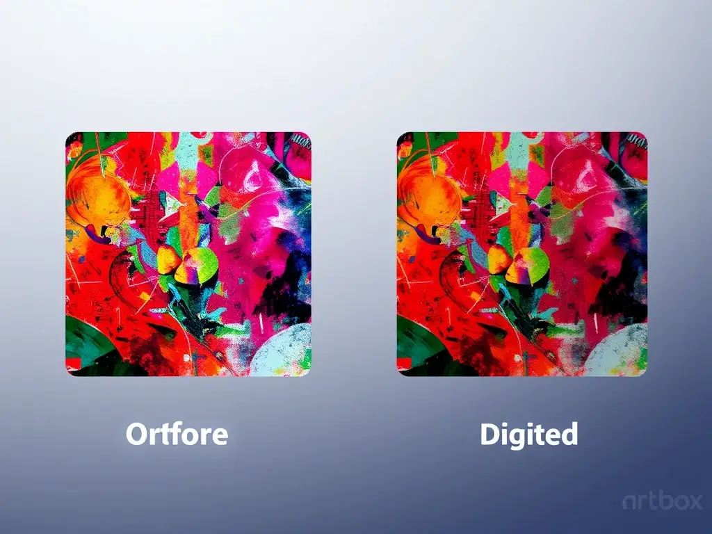 A split-screen image showing the original artwork on one side and the digitized version on the other, highlighting the accuracy and detail captured through Artbox Printing & Framing's scanning process.