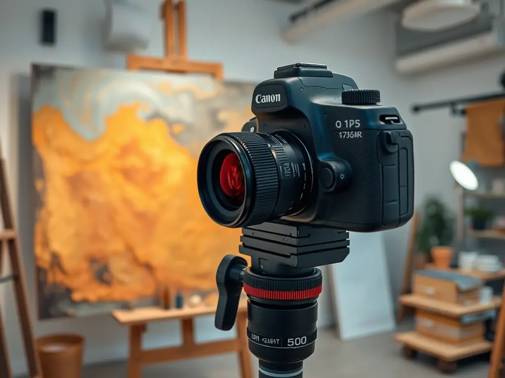 A Canon 50 megapixel camera capturing a large, textured oil painting in a professional studio setting with balanced lighting, showcasing the camera's ability to capture fine details and accurate colors.