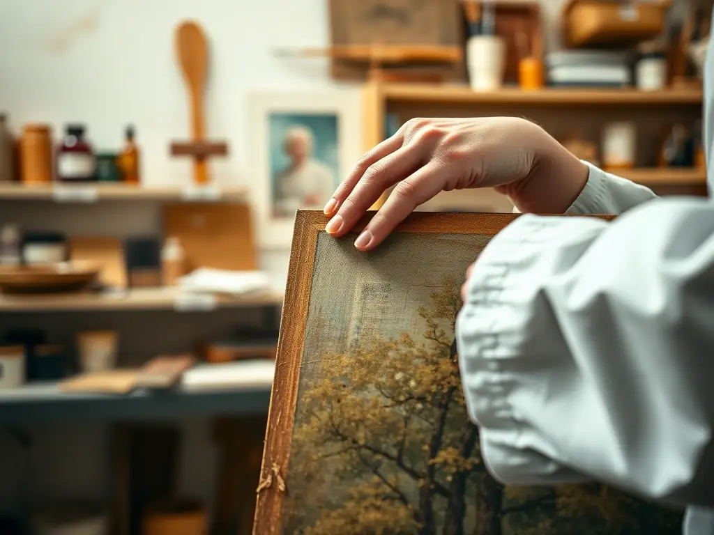 A close-up shot of a conservator's hands carefully handling a delicate, aged painting in a professional art studio setting, emphasizing the care and expertise involved in the preservation process.