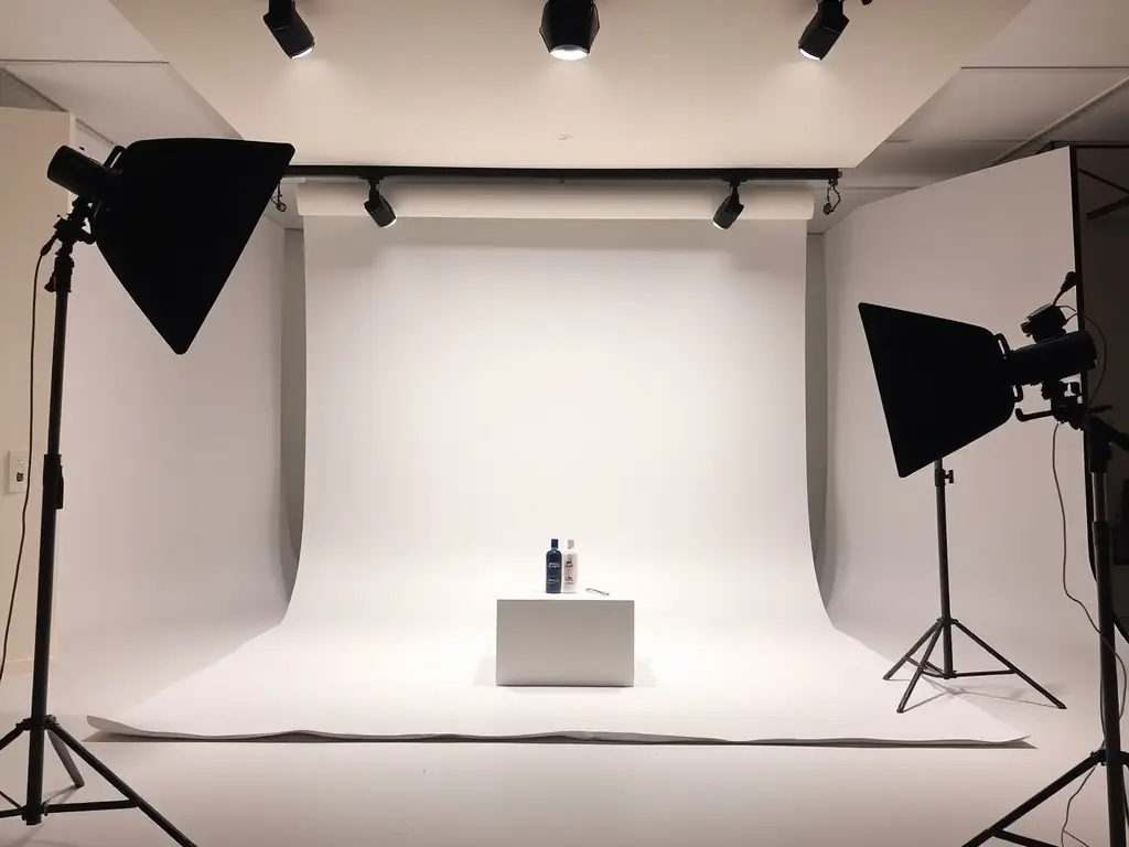 A professional setup for photographing a small sculpture, with multiple lights positioned to capture the dimensions and details of the 3D artwork.