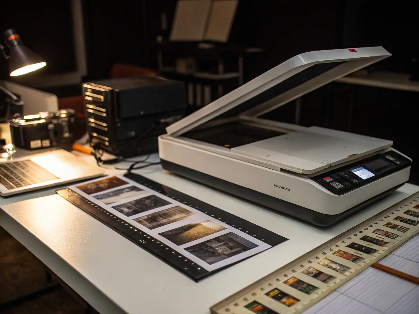 An Epson professional flatbed scanner digitizing a vintage photograph, highlighting its capability to capture fine details and subtle tones in smaller, flat media.