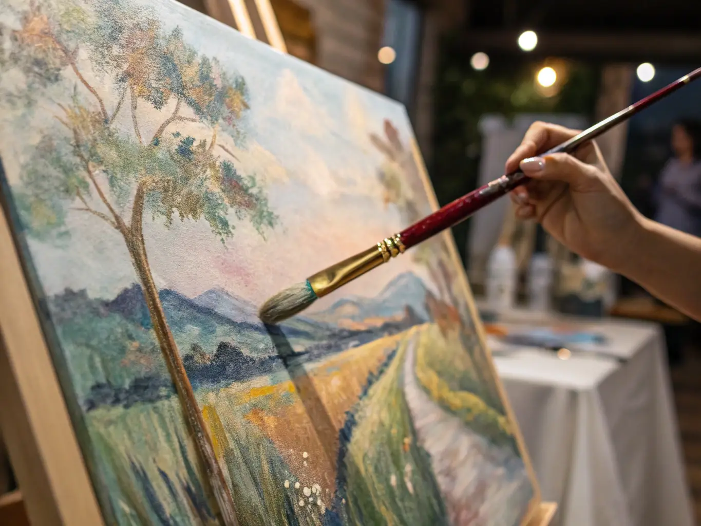 A close-up shot of a textured oil painting on canvas being professionally photographed in a studio setting. The lighting is carefully arranged to highlight the texture and brushstrokes of the painting.