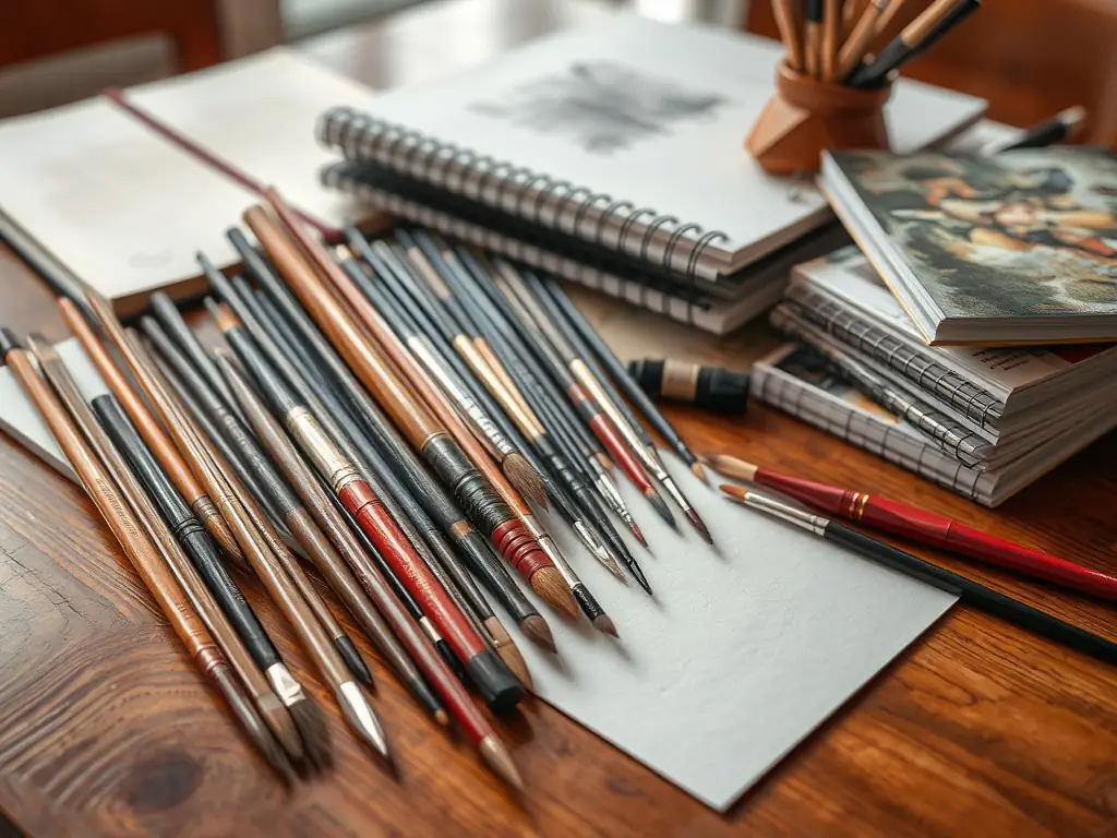A close-up shot of various art supplies (brushes, paints, canvas) next to a digital print, illustrating the transition from traditional art to high-quality digital reproduction.