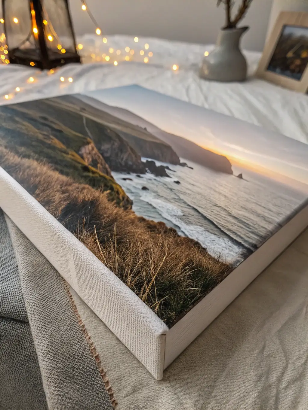 A close-up shot of a high-quality canvas print showcasing vibrant colors and sharp details, emphasizing the texture of the canvas and the depth of the image.