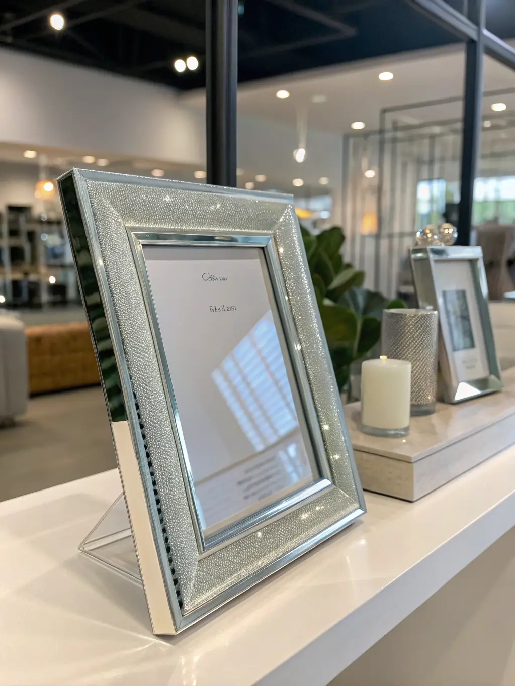 A photographic print with a sleek, modern frame, displayed in a contemporary living room setting, highlighting the clarity and sharpness of the image.