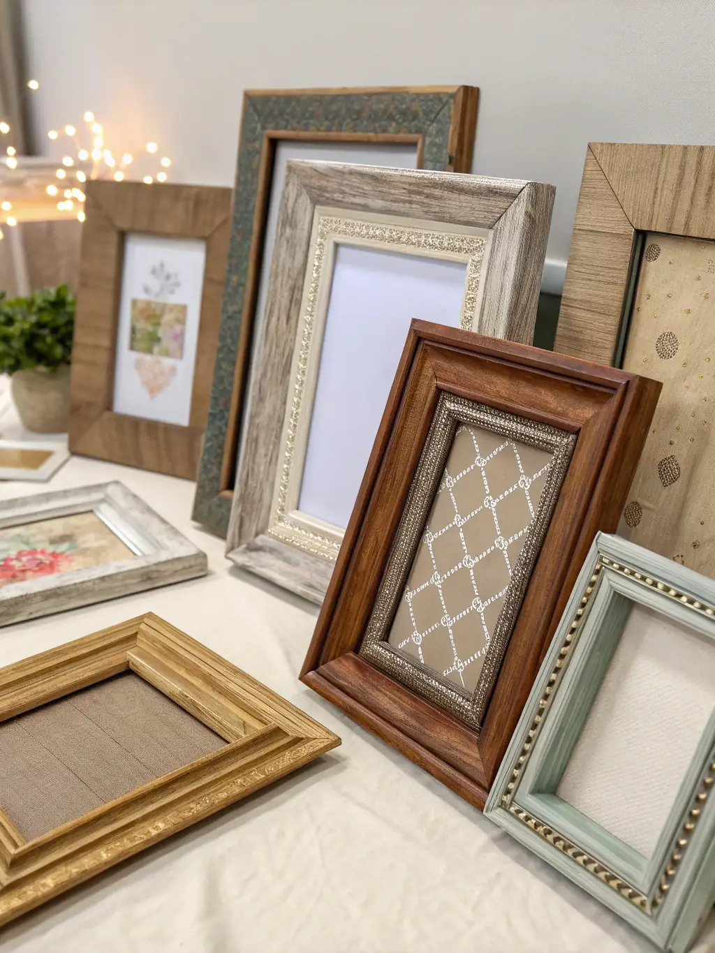 A variety of custom frames made from different materials (wood, metal) and styles (modern, classic), showcasing the craftsmanship and attention to detail.